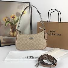 NWT Coach Teri Shoulder Bag in Signature Canvas Silver / Sand / Taupe CV933