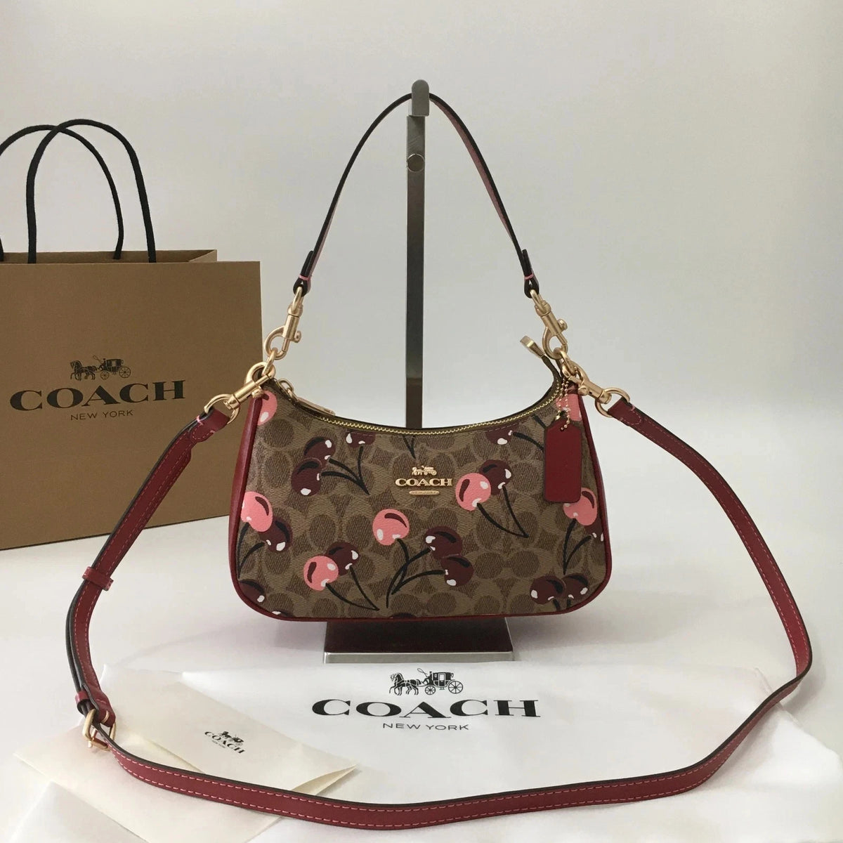 NWT Coach Teri Shoulder Bag in Signature Canvas with Cherry Print Tan Brown CY694