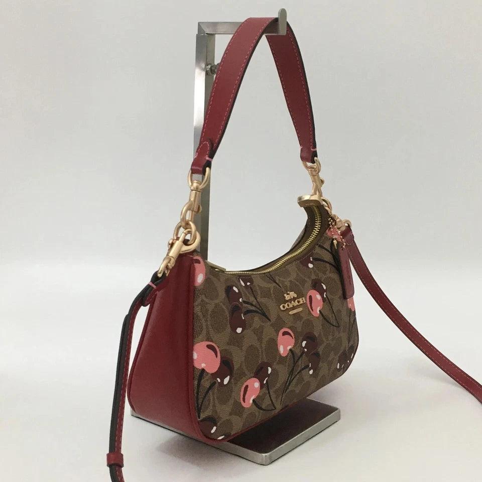 NWT Coach Teri Shoulder Bag in Signature Canvas with Cherry Print Tan Brown CY694